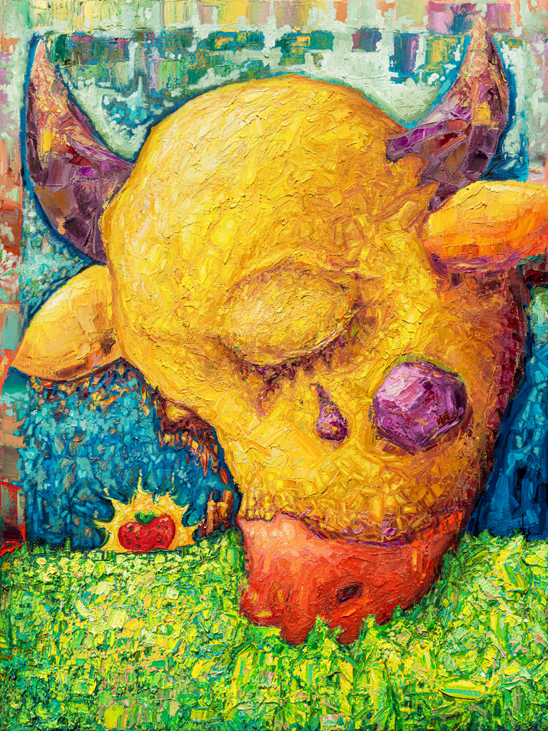 image of a colorful painting that will ship as a fine art print. image is of a cows head painted in yellow with purple horns and a purple tear dropping from it's eye. it's face is laying on green grass and has a blue background and a small strawberry on the left of the cows nose.